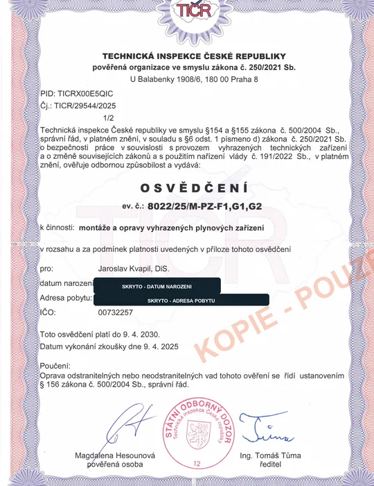 Veřejná kopie osvědčení pro montáže a opravy plynových zařízení