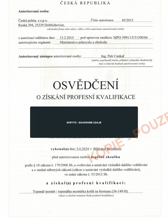 Veřejná kopie osvědčení montéra kotlů na biomasu