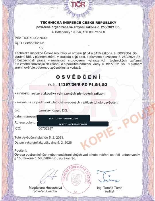 Veřejná kopie osvědčení pro revize a zkoušky plynových zařízení